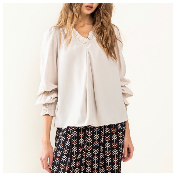 38 Boho Solid Woven Ruffle Smocking Long Sleeve Top - Picture 6 of 7